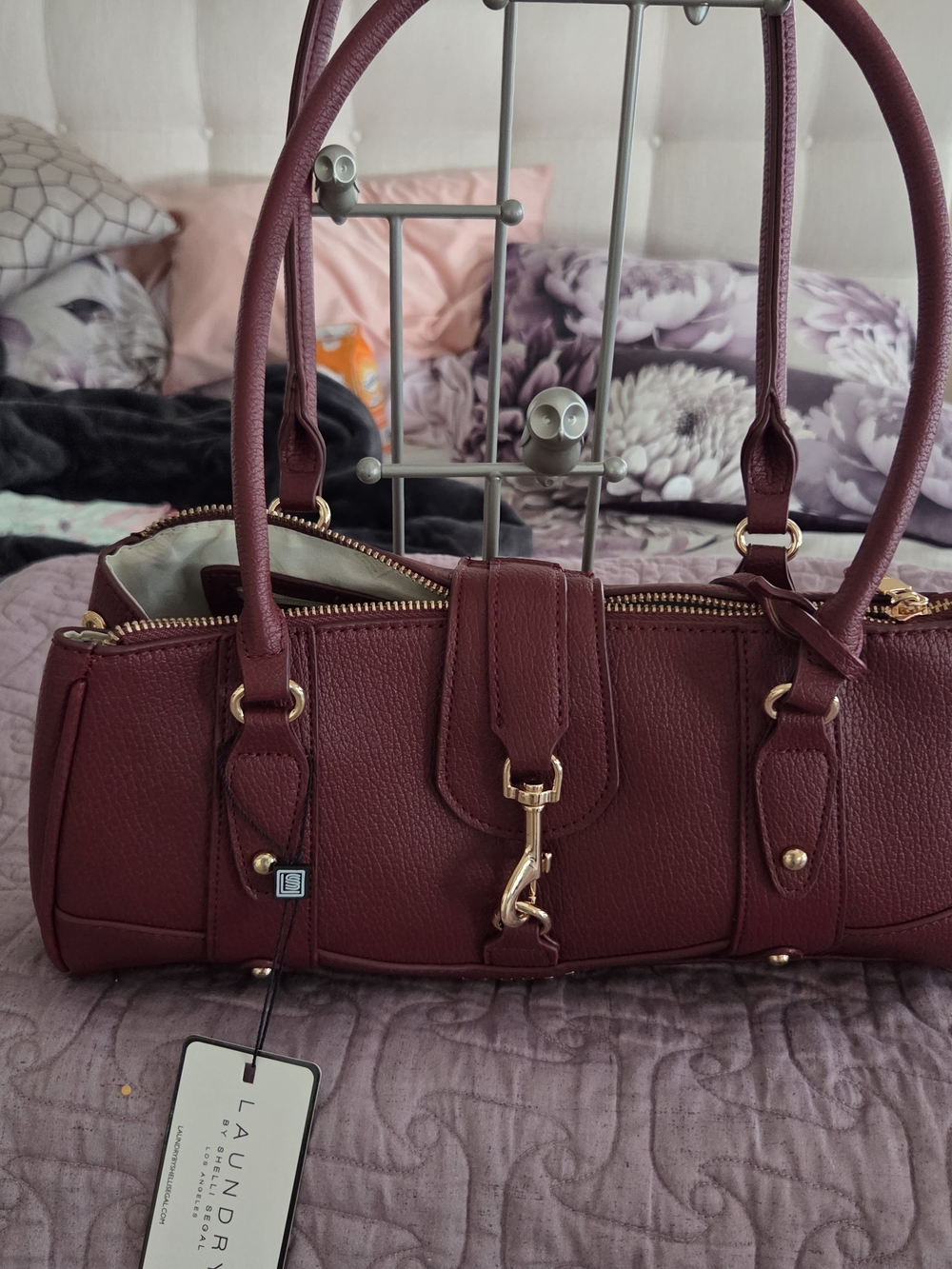 Laundry By Shelli Segal Wine Barrel Satchel with Gold Hardware
